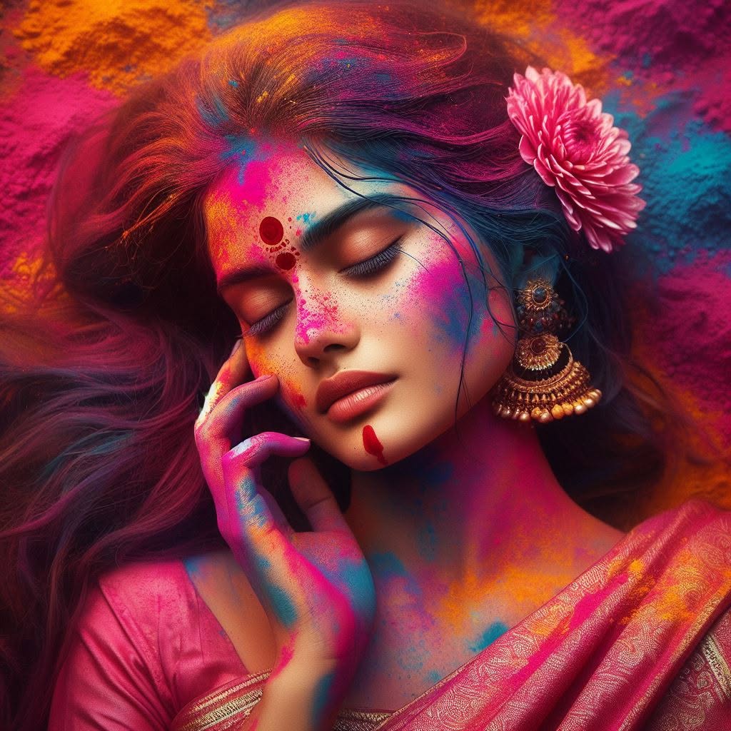 Indian girl painted face Holi